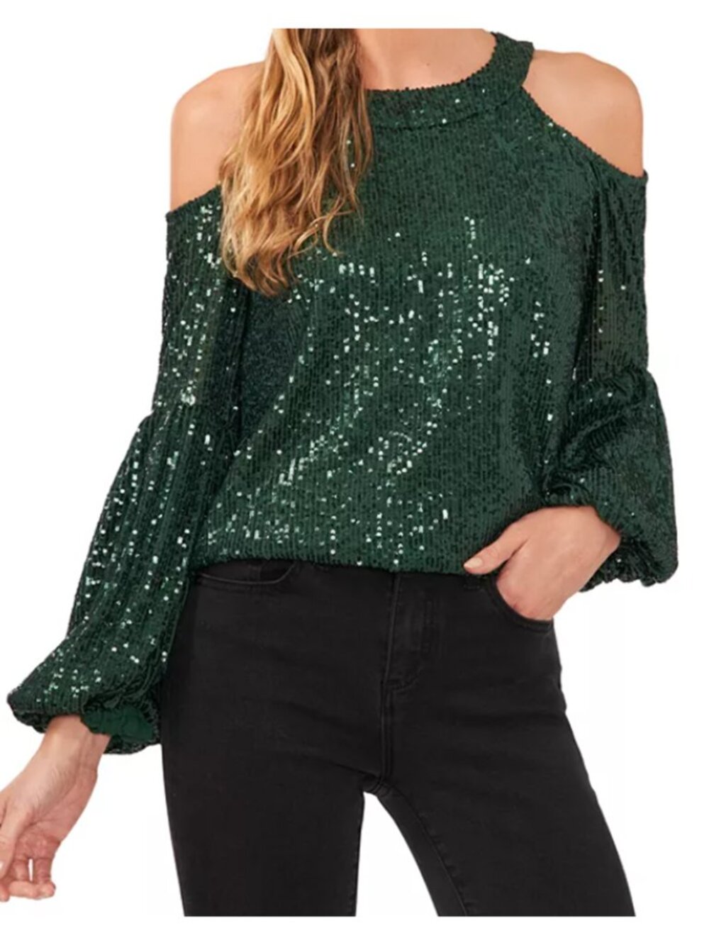 CeCe Dark Green Sequin Cold Shoulder Party Top Size Large